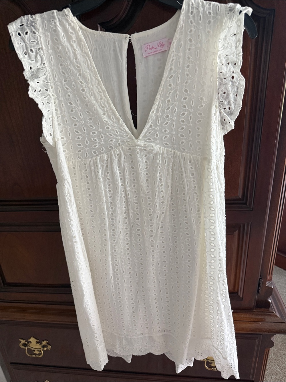 Pink Lily Cream Eyelet V-Neck Flutter Sleeve Tunic